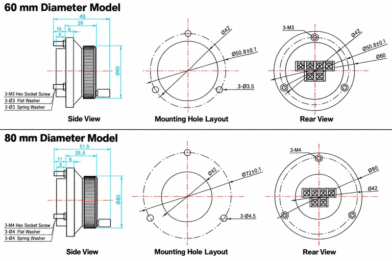 60 mm and 80 mm MPG handwheel dimension drawings with side, mounting-hole and rear views