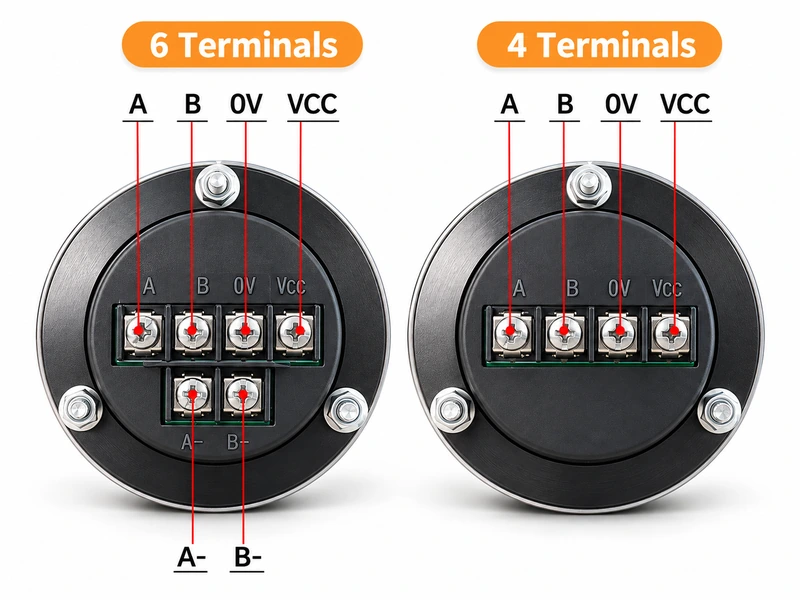 Four-terminal and six-terminal MPG handwheel diagrams with VCC, 0V, A, B, A- and B- markings