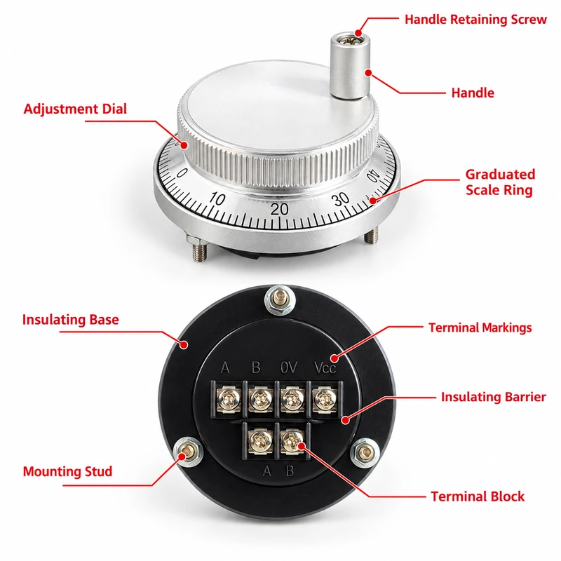 MPG handwheel structure illustration showing the handle, scale ring, mounting posts and terminal area